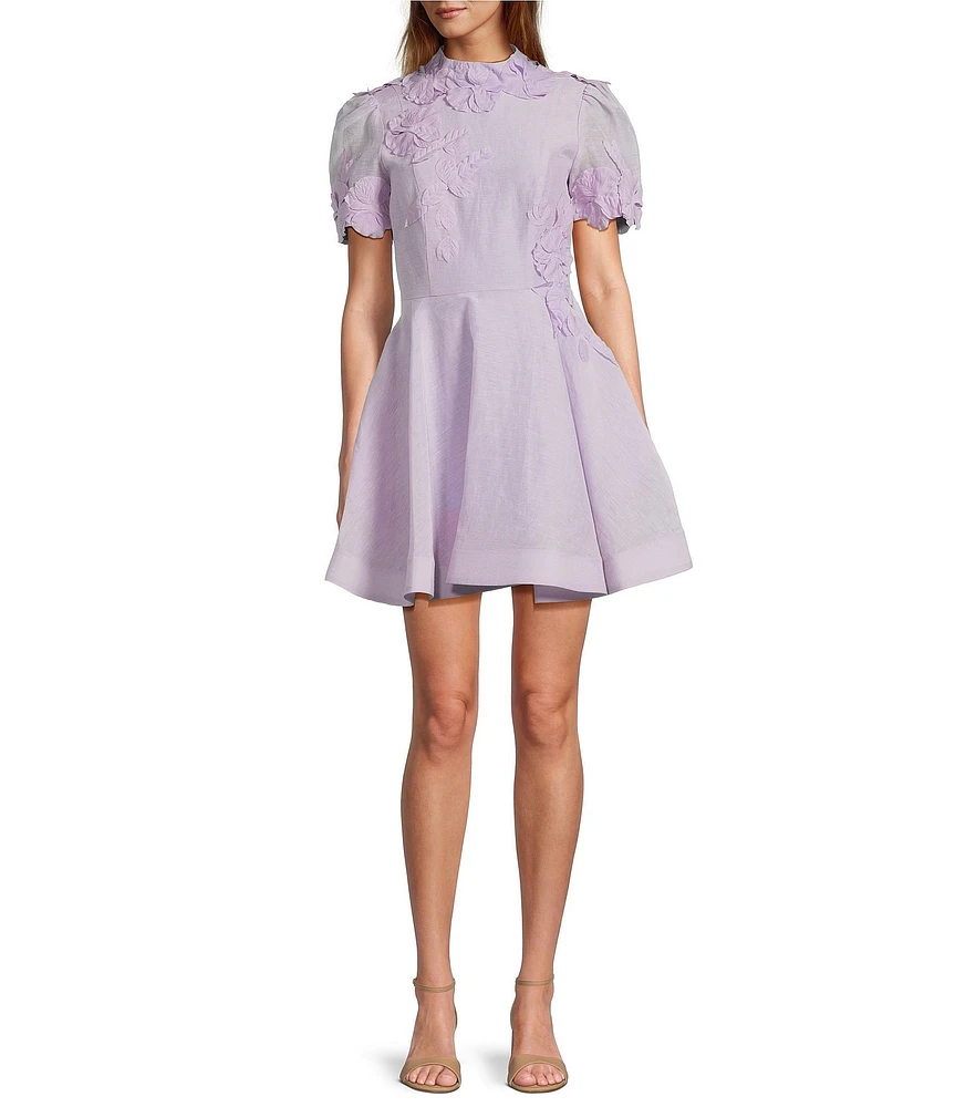 Antonio Melani Iris Linen Floral Mockneck Short Sleeve Dress