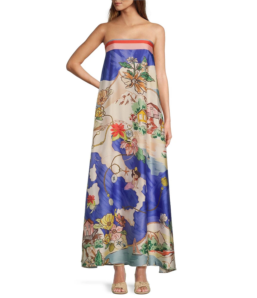 Antonio Melani Lucia Ocean Print Satin Strapless Maxi Dress