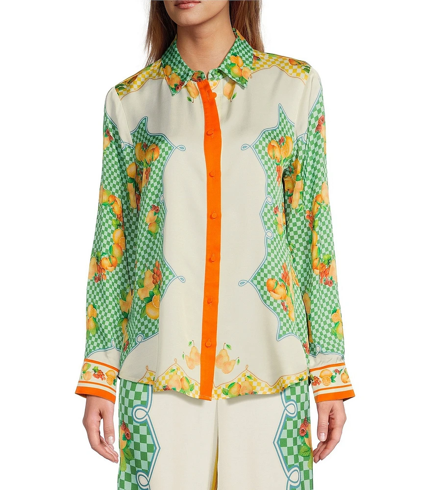 Antonio Melani Polina Fruit Printed Coordinating Satin Collar Neck Long Sleeve Blouse