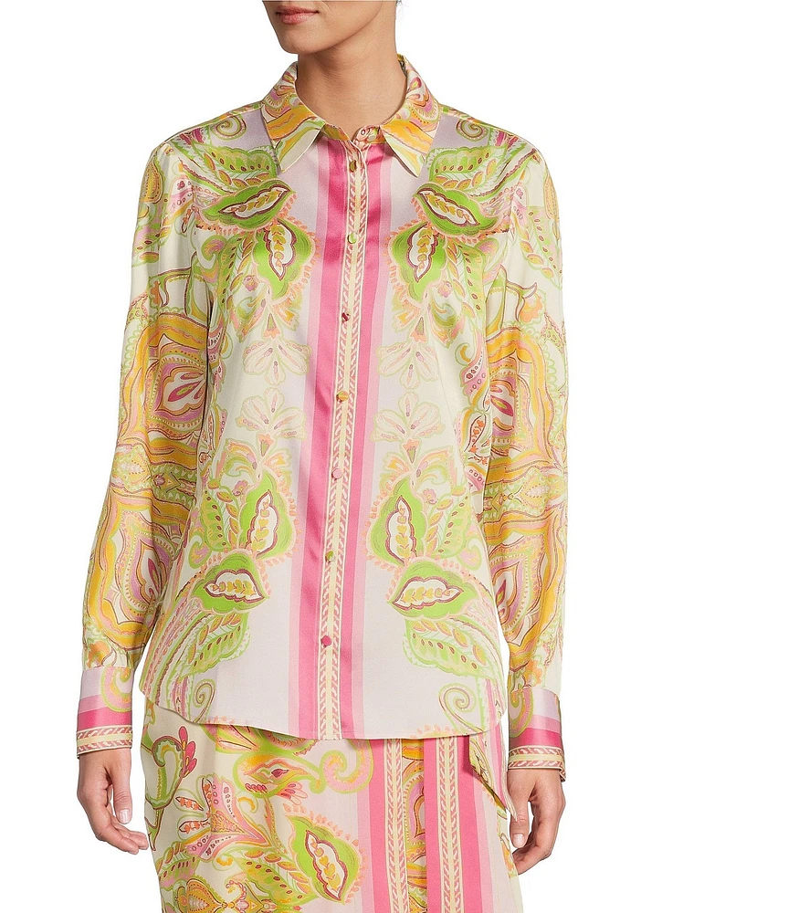 Antonio Melani Polina Printed Satin Point Collar Long Sleeve Button Down Blouse
