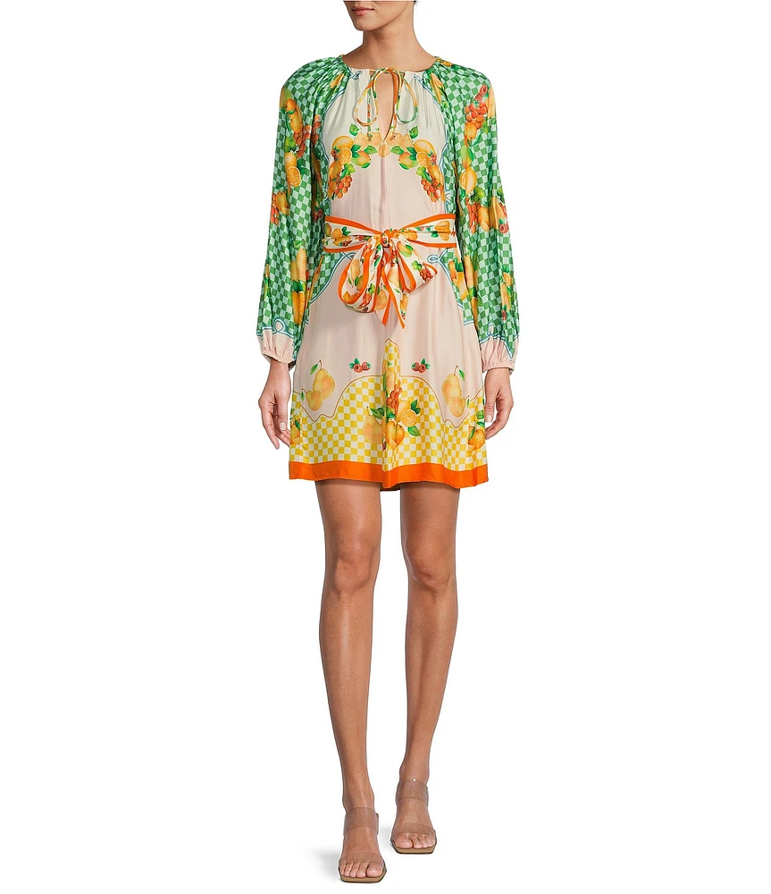 Antonio Melani Raffaella Fruit Printed Satin Tie Neck Long Sleeve Dress