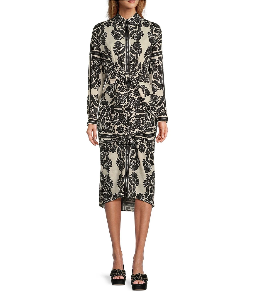 Antonio Melani Roxanne Printed Tie Waist Collar Neckline Long Sleeve Midi Dress