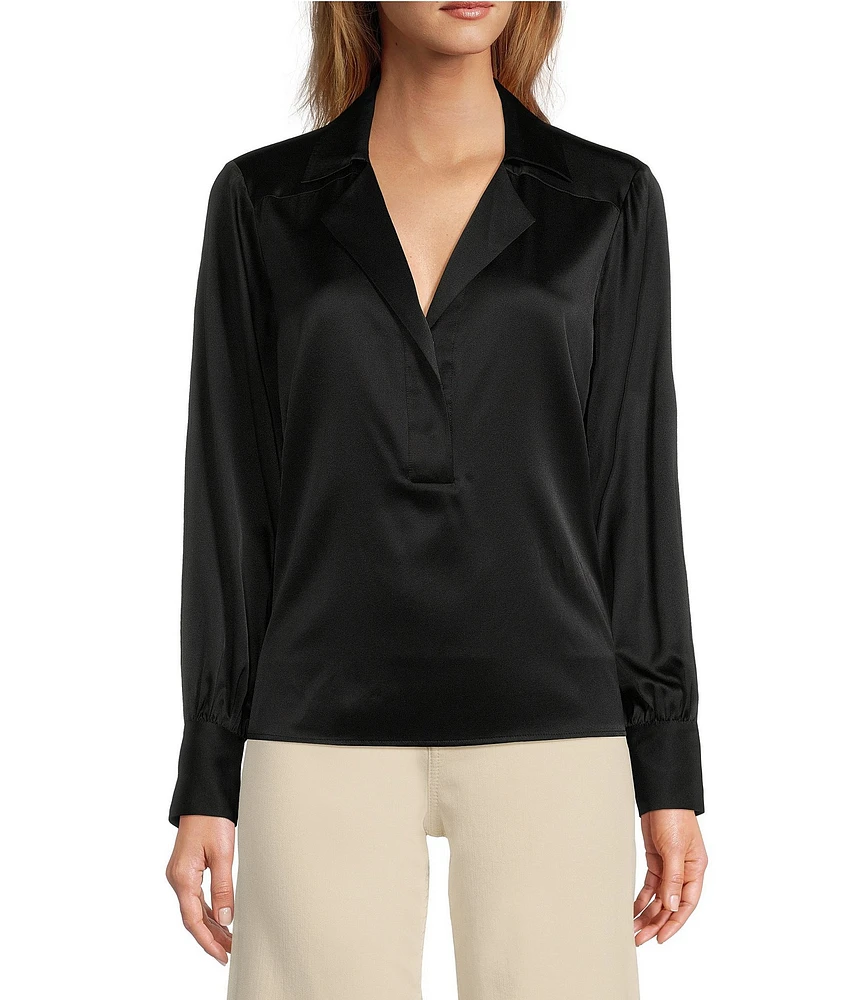 Antonio Melani Violet Silk Notch Collar V-Neck Long Blouson Sleeve Blouse