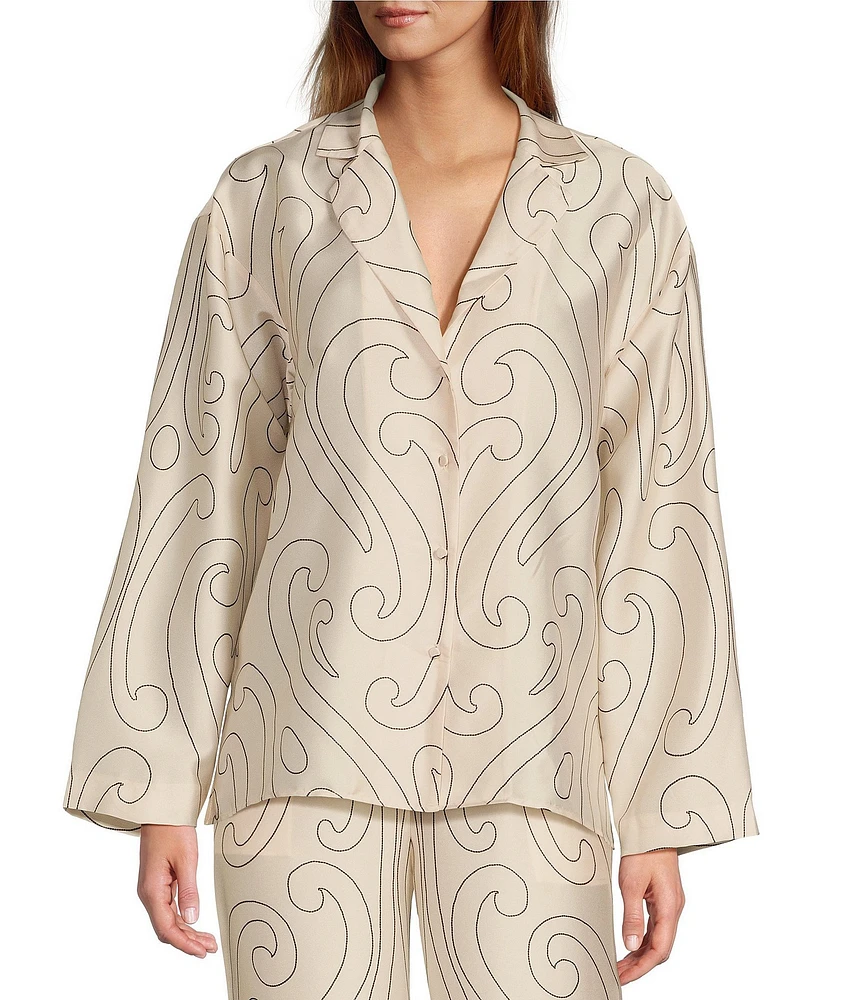 Antonio Melani x Elizabeth Damrich Dali Printed Satin Twill Point Collar Long Sleeve Button Down Blouse