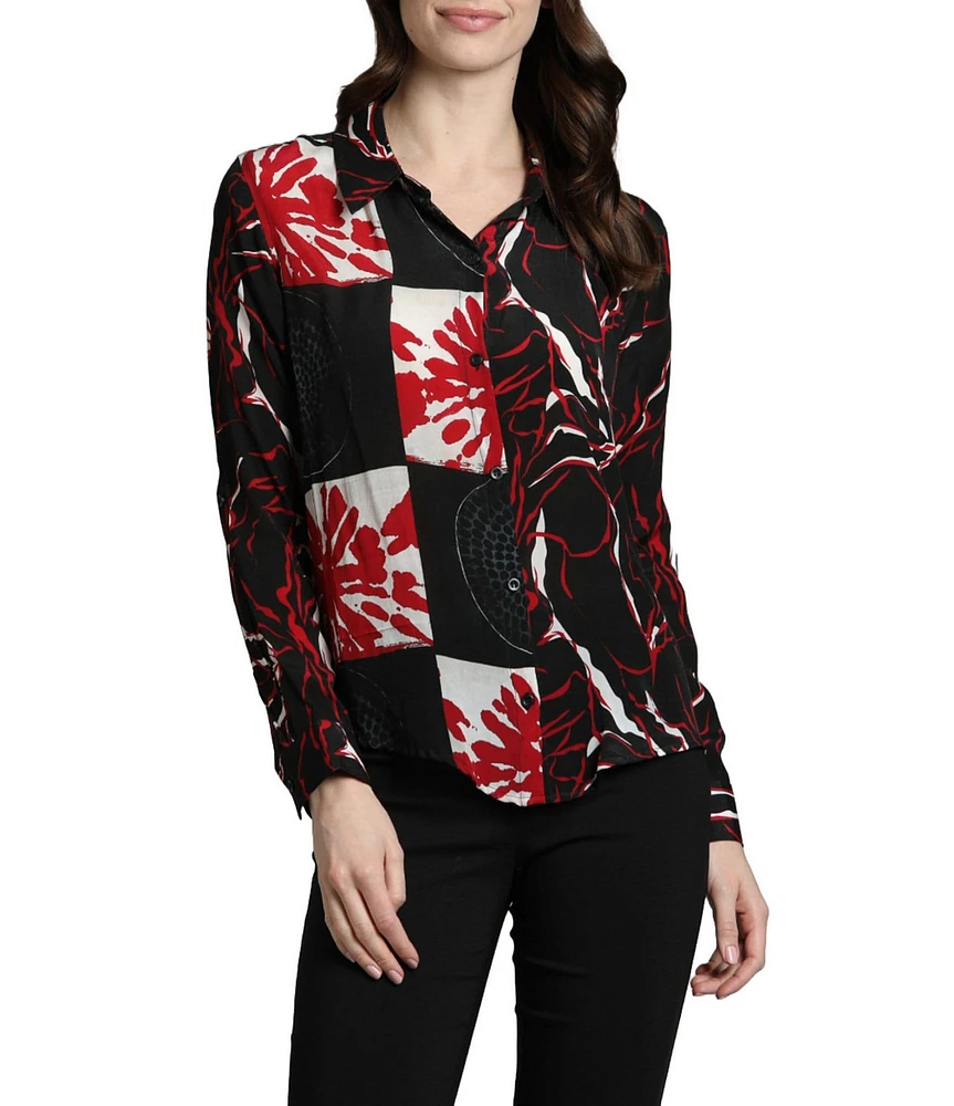 APNY Abstract Collared Long Sleeve Button Up Top