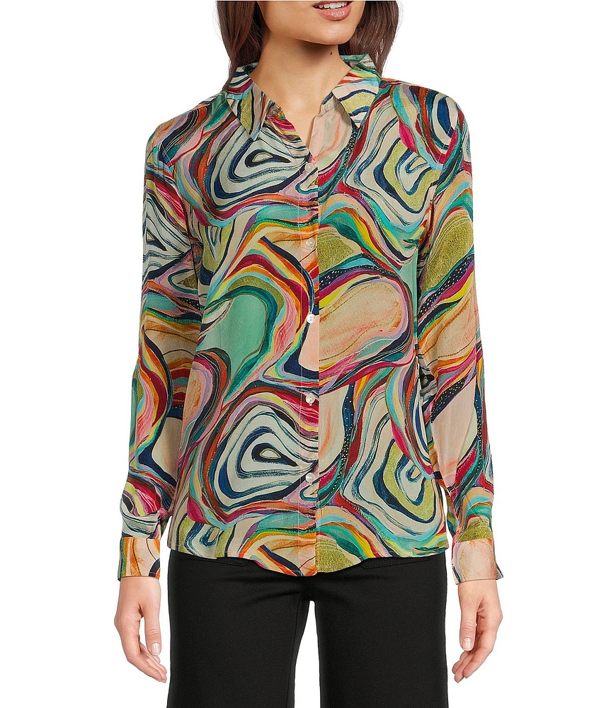 APNY Abstract Print Point Collar Roll Sleeve Button Front Blouse