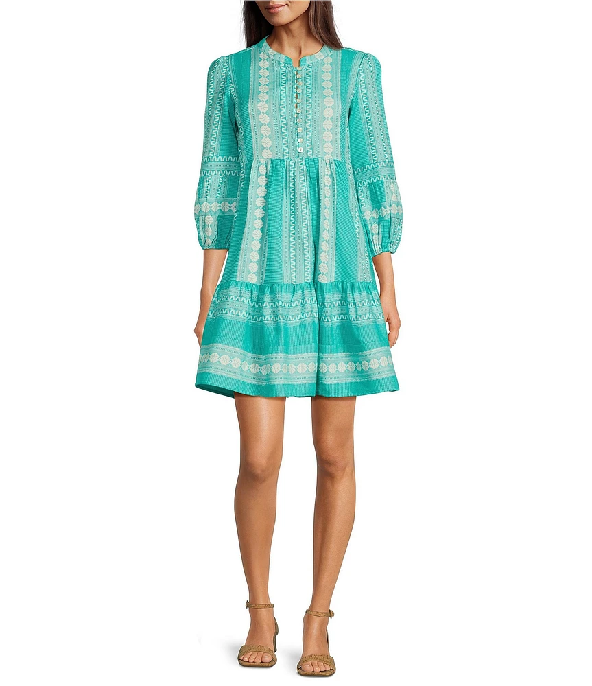 APNY Bohemian Embroidered Split V-Neck 3/4 Sleeve Tiered A-Line Dress