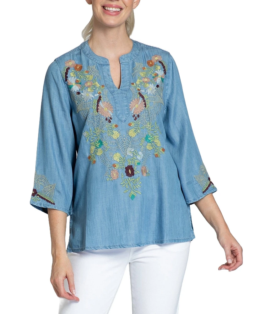 APNY Embroidered Split V-Neck 3/4 Sleeve Tunic