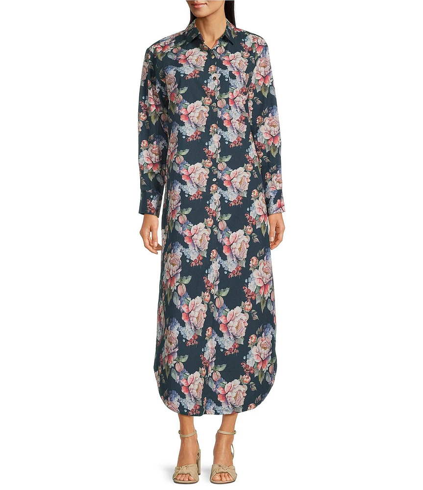 APNY Floral Print Spread Collar Long Sleeve Shirt Maxi Dress