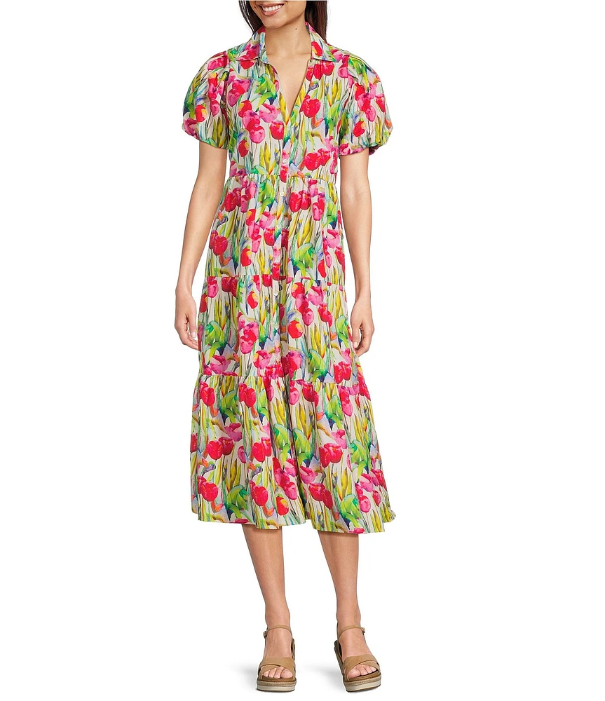APNY Floral Print V-Neck Short Puff Sleeve Midi Shirt Dress