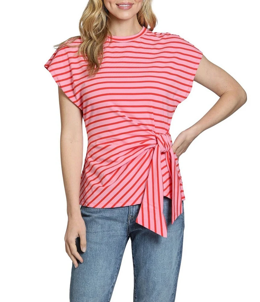 APNY Knit Striped Crew Neck Short Sleeve Cinched Waist Tee