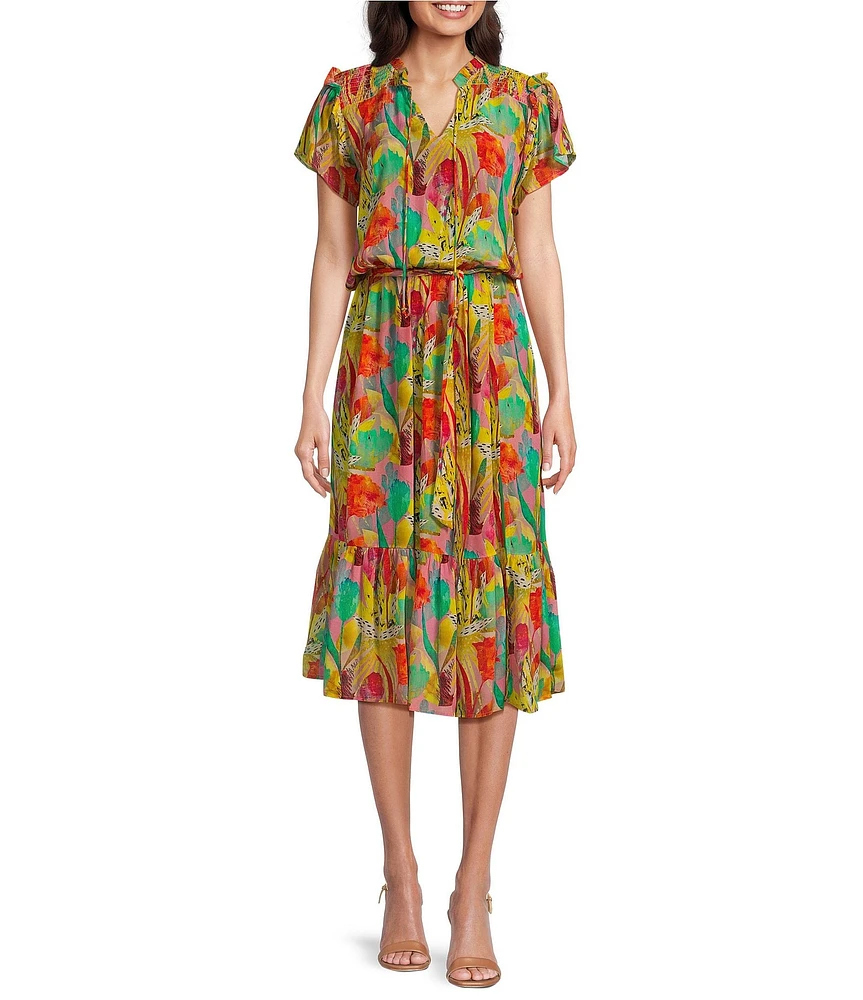 APNY Printed V-Neck Short Sleeve Smocked A-Line Midi Dress