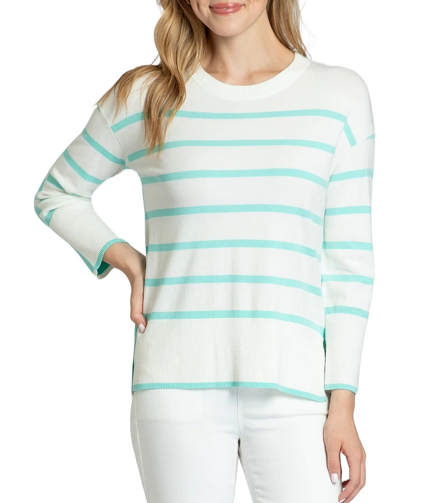 APNY Stripe Crew Neck Side Slit Hem Long Sleeve Pullover