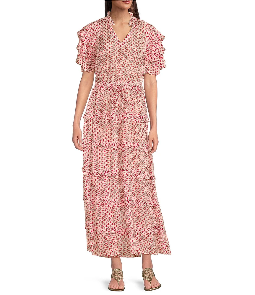 APNY V-Neck Short Sleeve Cinched Waist Tiered Maxi Dress