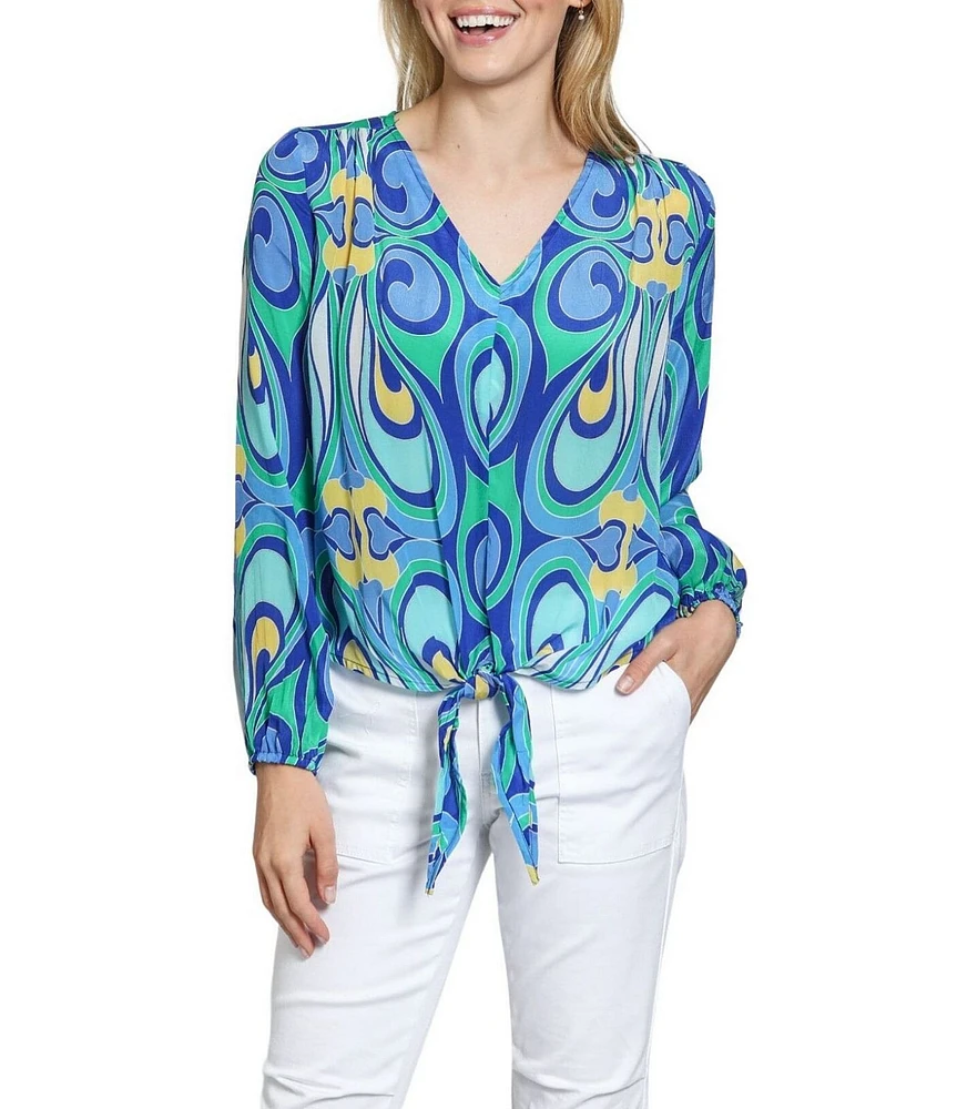 APNY Woven Abstract Print V-Neck Long Sleeve Tie Front Top
