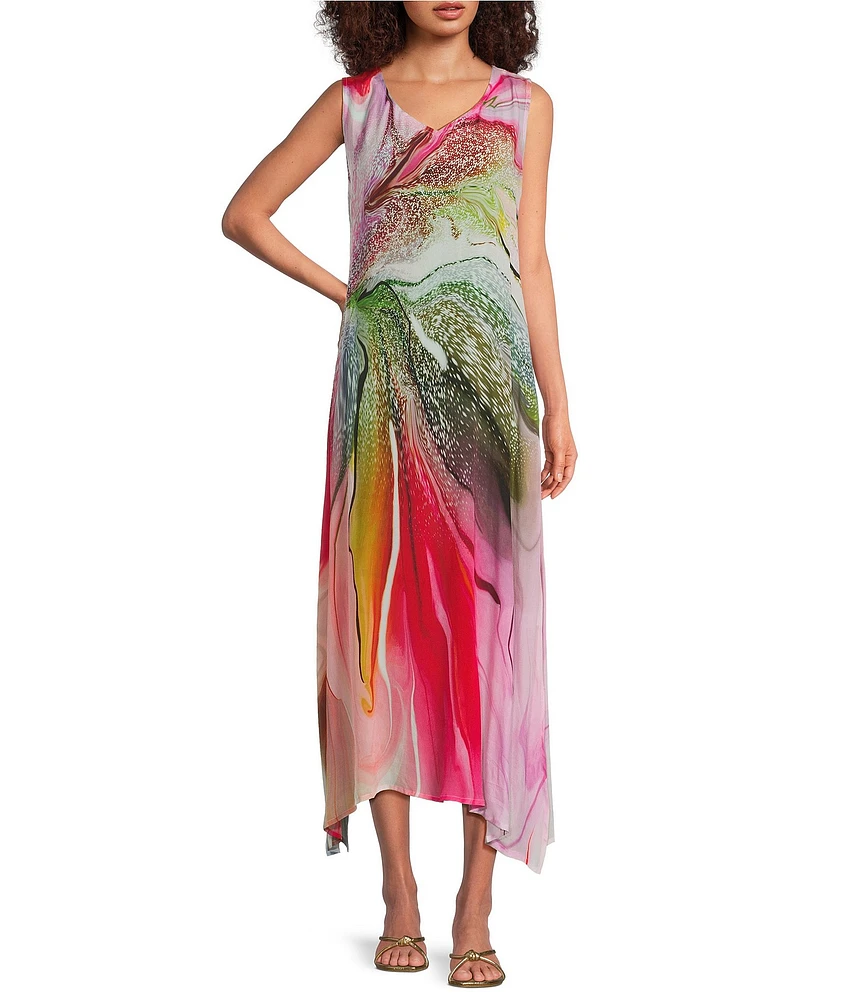 APNY Woven Abstract Print V-Neck Sleeveless Tank Maxi Dress