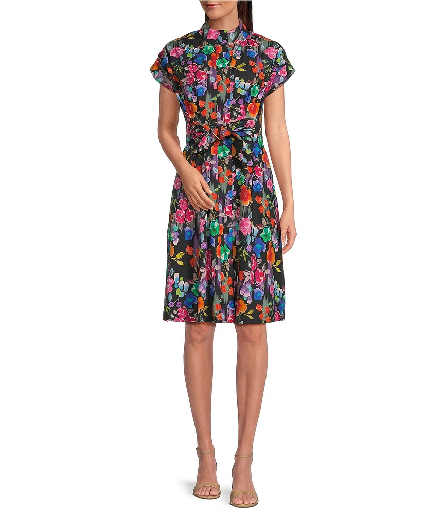 APNY Woven Floral Print Point Collar Short Sleeve Shirt Dress