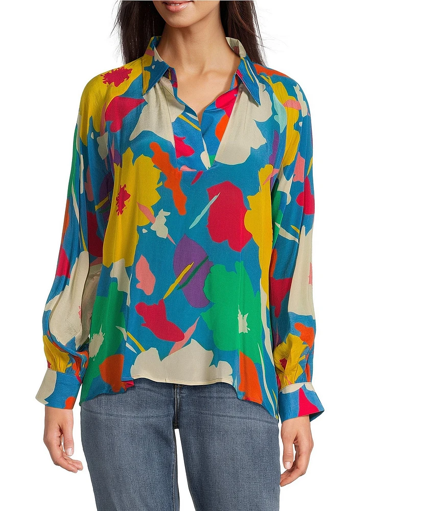 APNY Woven Floral Print V-Neck Long Sleeve Blouse