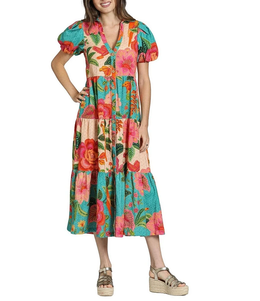 APNY Woven Floral Print V-Neck Short Sleeve Shift Midi Dress