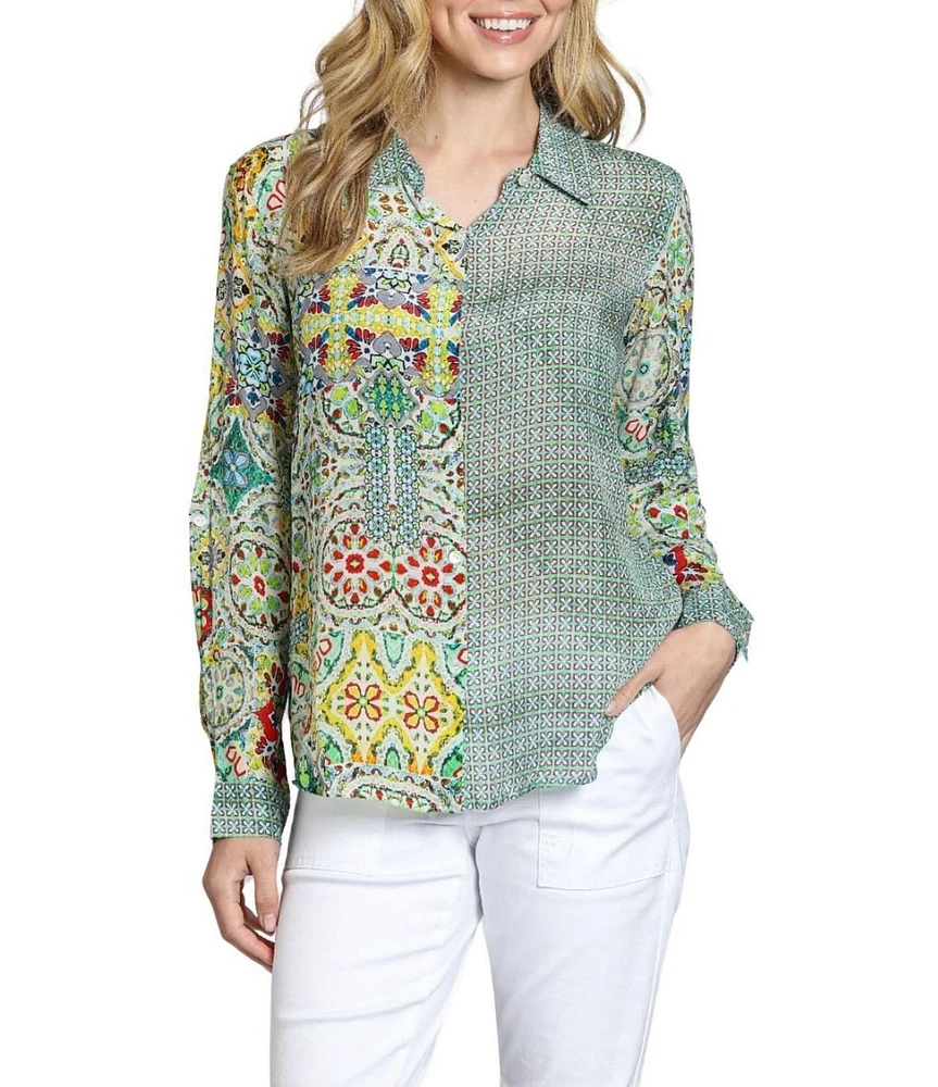 APNY Woven Printed Point Collar Long Sleeve Blouse