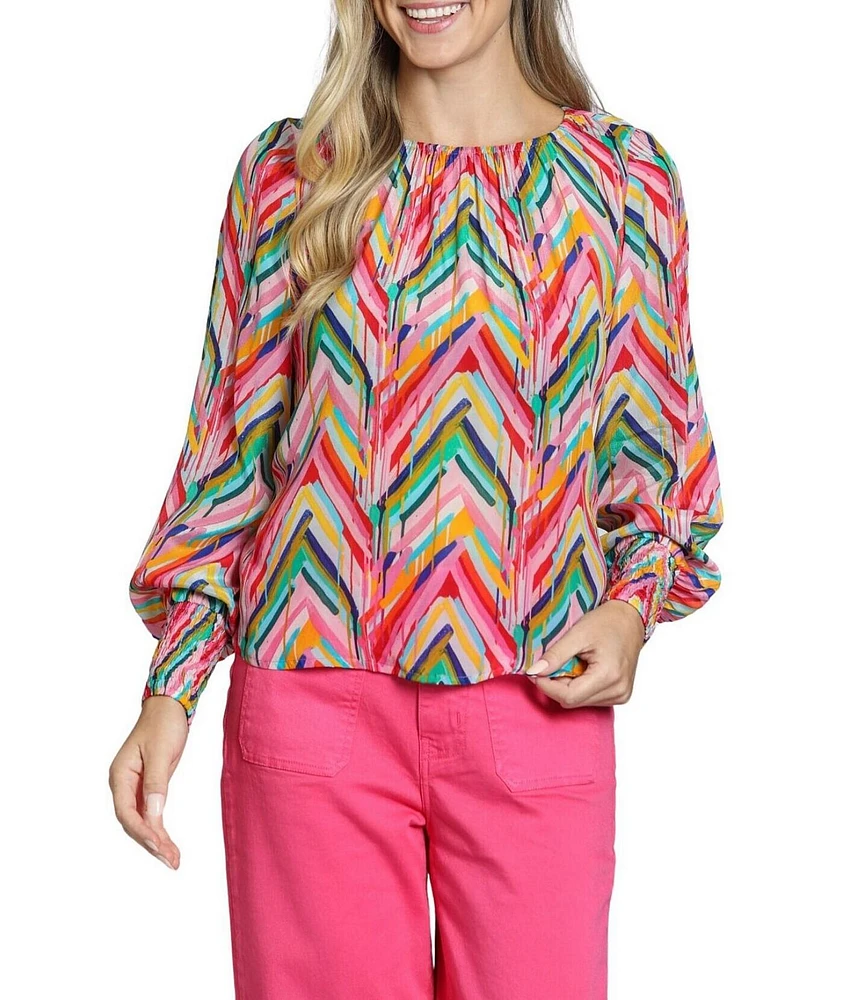 APNY Woven Printed Round Neck Long Sleeve Smocked Blouse
