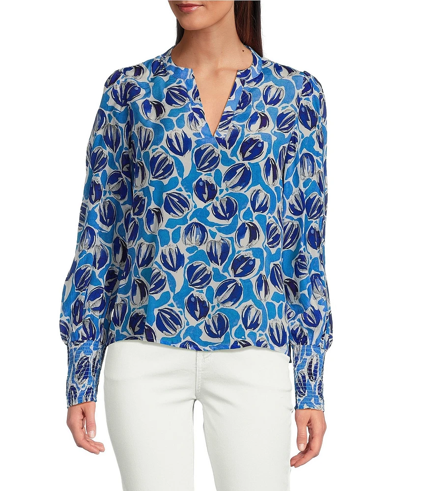 APNY Woven Printed Split V-Neck Long Sleeves Blouse