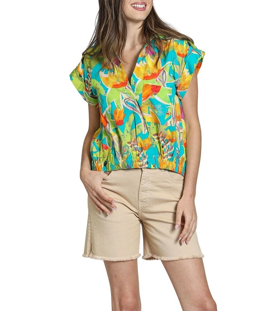 APNY Woven Printed Split V-Neck Short Sleeve Blouse