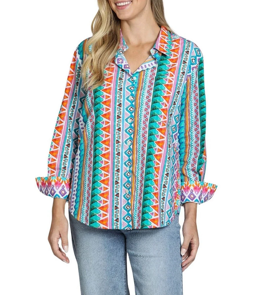 APNY Woven Printed Spread Collar Long Sleeve Boyfriend Shirt