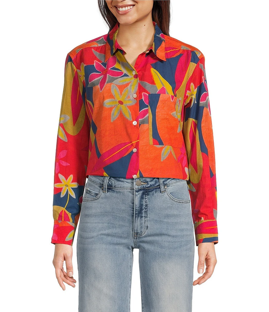 APNY Woven Abstract Print Spread Collar Long Sleeve Button Front Shirt