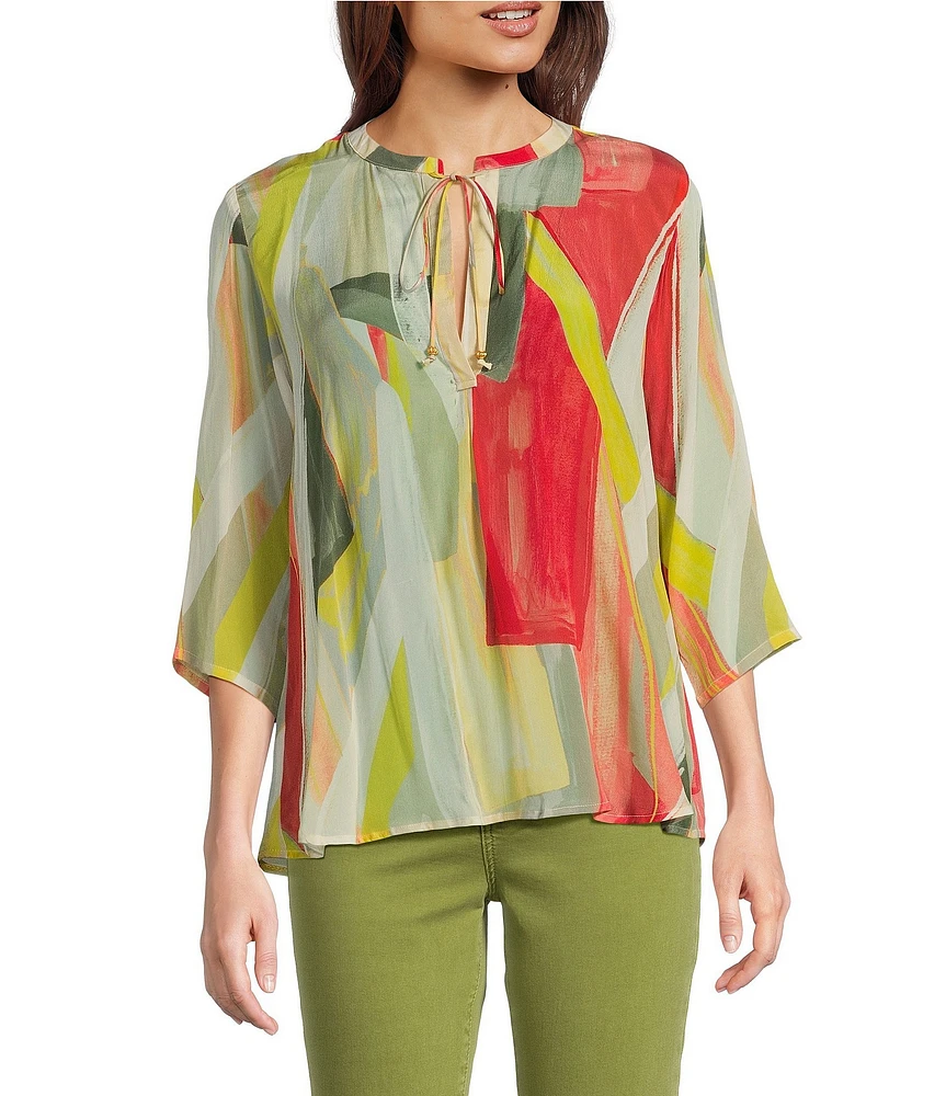 APNY Woven Printed V-Neck 3/4 Sleeves Tie Front Blouse