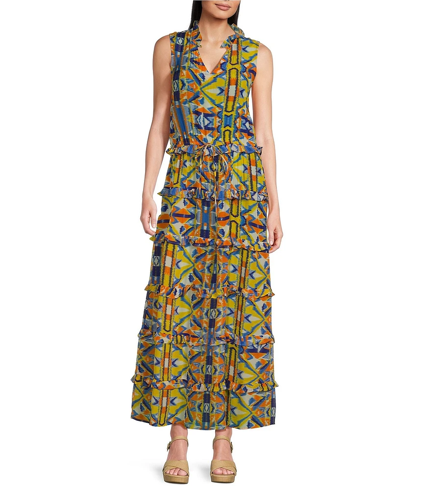 APNY Woven Printed V-Neck Sleeveless Tiered Maxi A-Line Maxi Dress