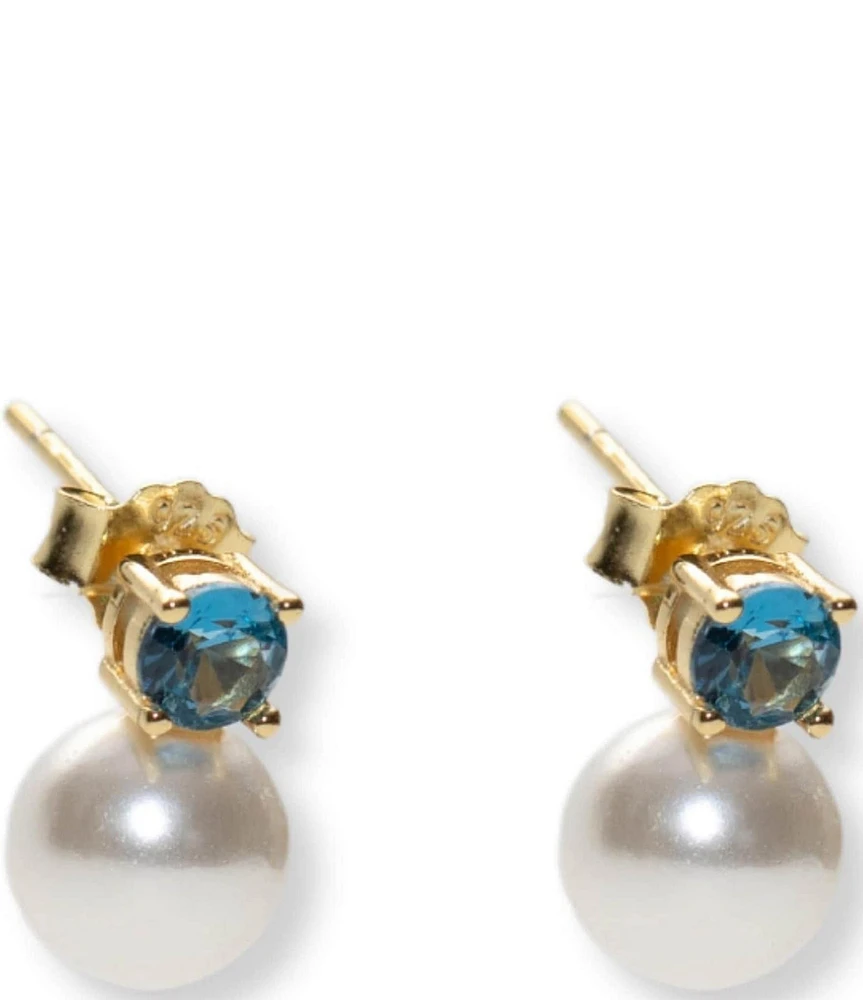 Argento Vivo Cubic Zirconia Blue Stone Pearl Stud Earrings