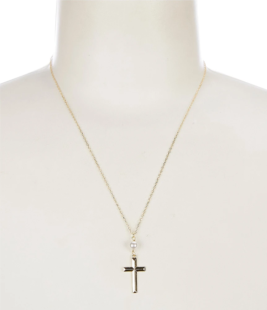 Argento Vivo Simple Pearl Cross Short Pendant Necklace