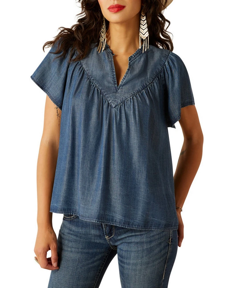 Ariat Emma Split V-Neck Flutter Sleeve Chambray Top