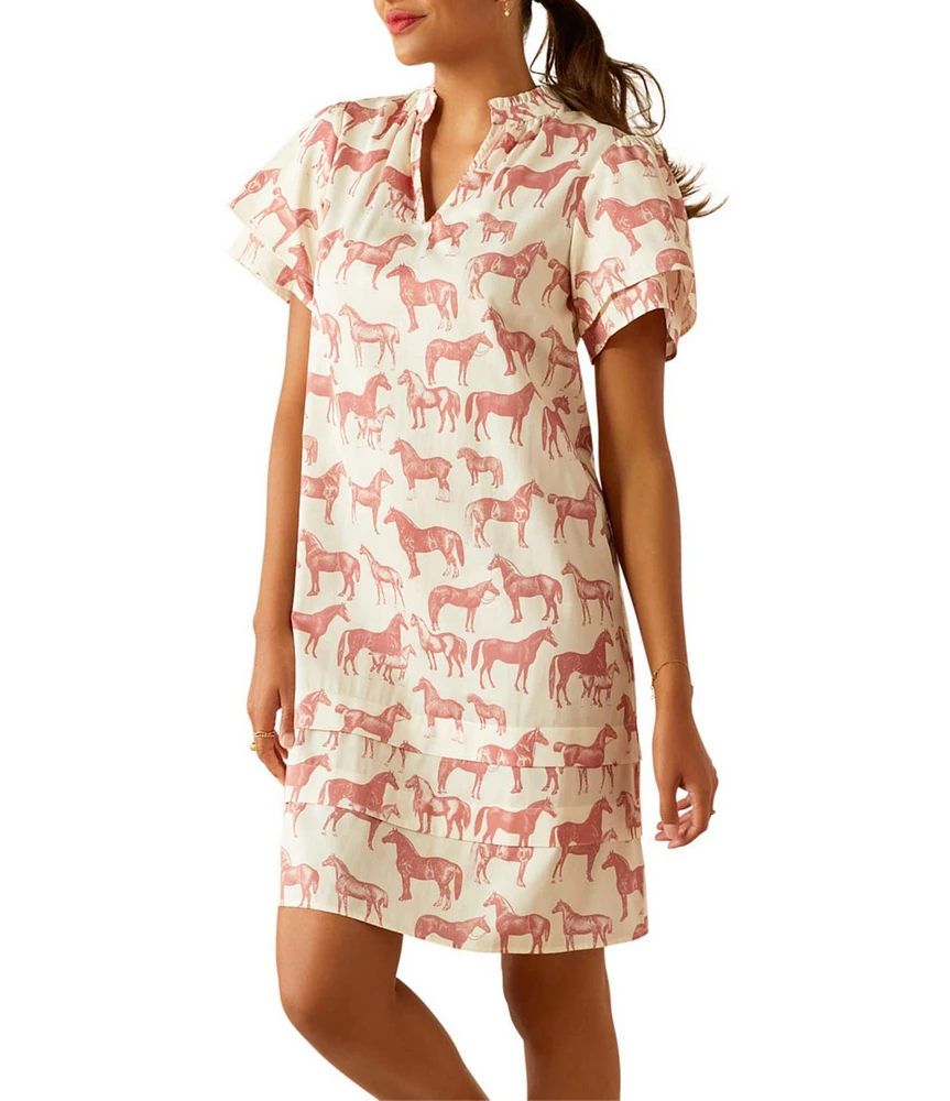 Ariat Iffley Equestrian Western V-Neck Tiered Short Sleeve Poplin Shift Dress