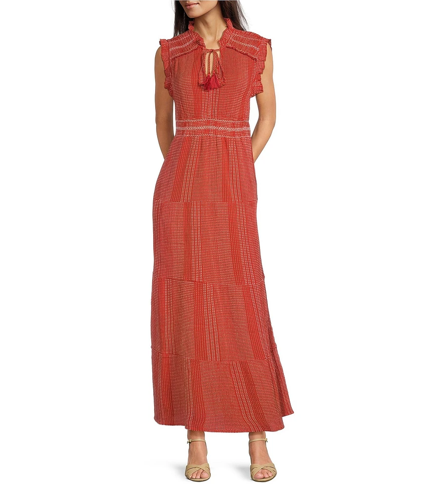 Ariat Sunset State Of Mind Cotton Dobby Smocked V-Neck Sleeveless Ruffle Tiered A-Line Maxi Dress