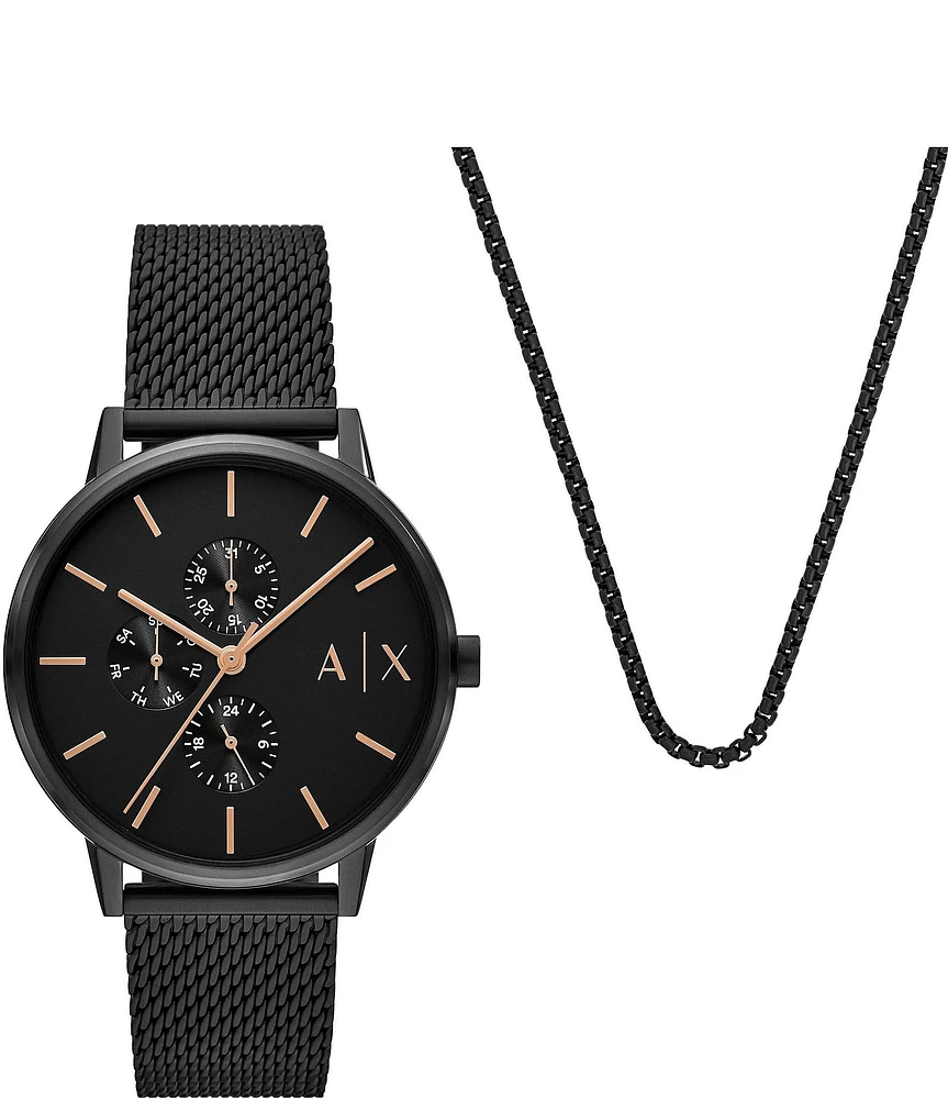 Armani Exchange Men's Cyde Rd. Multifunction Black Tone Stainless Steel Mesh Watch And Necklace Set