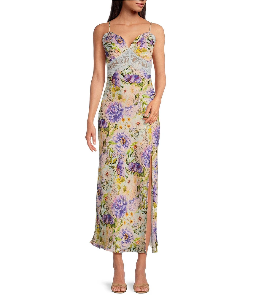 ASTR the Label Ivanna Floral Print V Neck Sleeveless Maxi Slip Dress