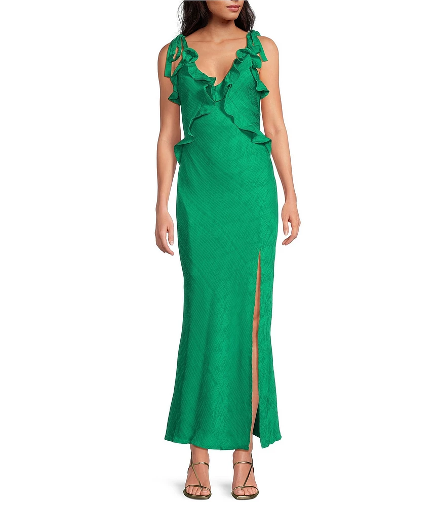 ASTR the Label Sorbae Ruffle V-Neck Sleeveless Side Slit Maxi Dress