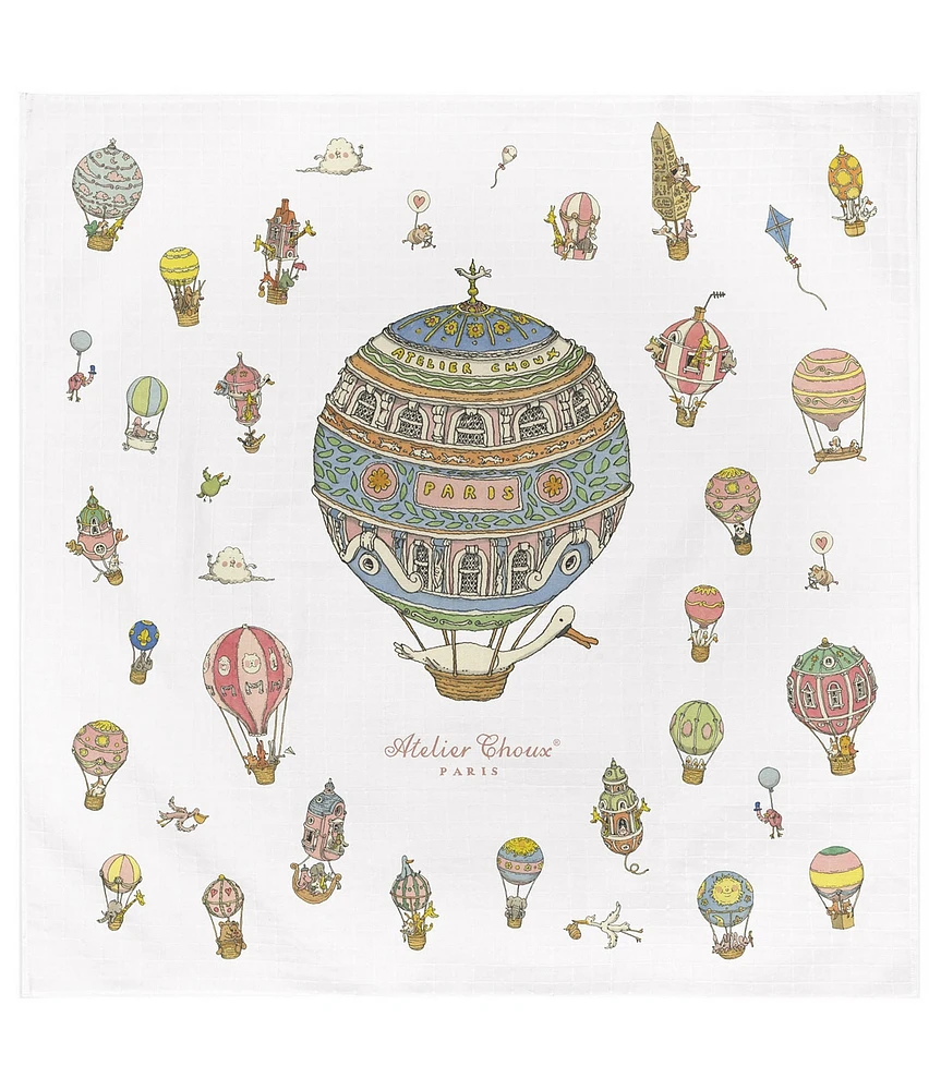 Atelier Choux Paris Organic Cotton Baby Hot Air Balloons Swaddle Blanket with Gift Box