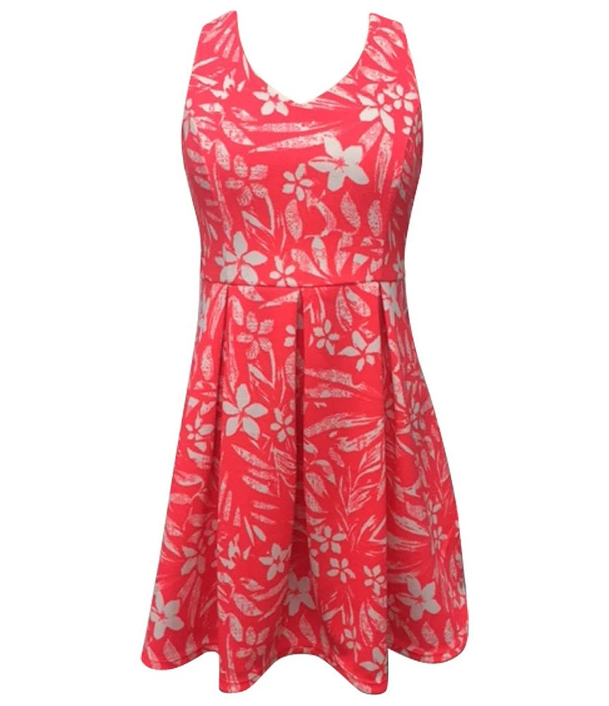 Ava & Yelly Big Girls Sleeveless Printed Textured Rib Knit Fit-And-Flare Dress