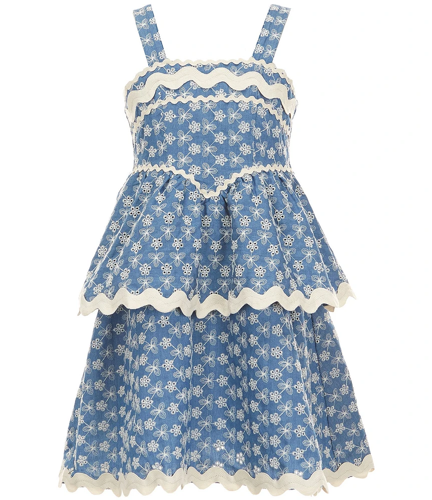 Ava & Yelly Big Girls Sleeveless Printed Eyelet Ric Rac Drop Waist Dress