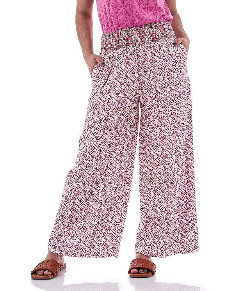 Aventura Portofino Printed Woven Wide Smocked Waist Wide Leg Palazzo Pants