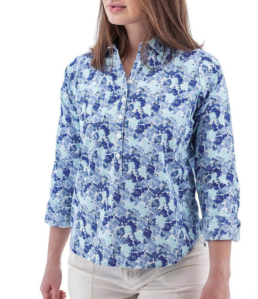 Aventura Devon Printed Collared Neckline Roll Tab Sleeve Button Front Blouse