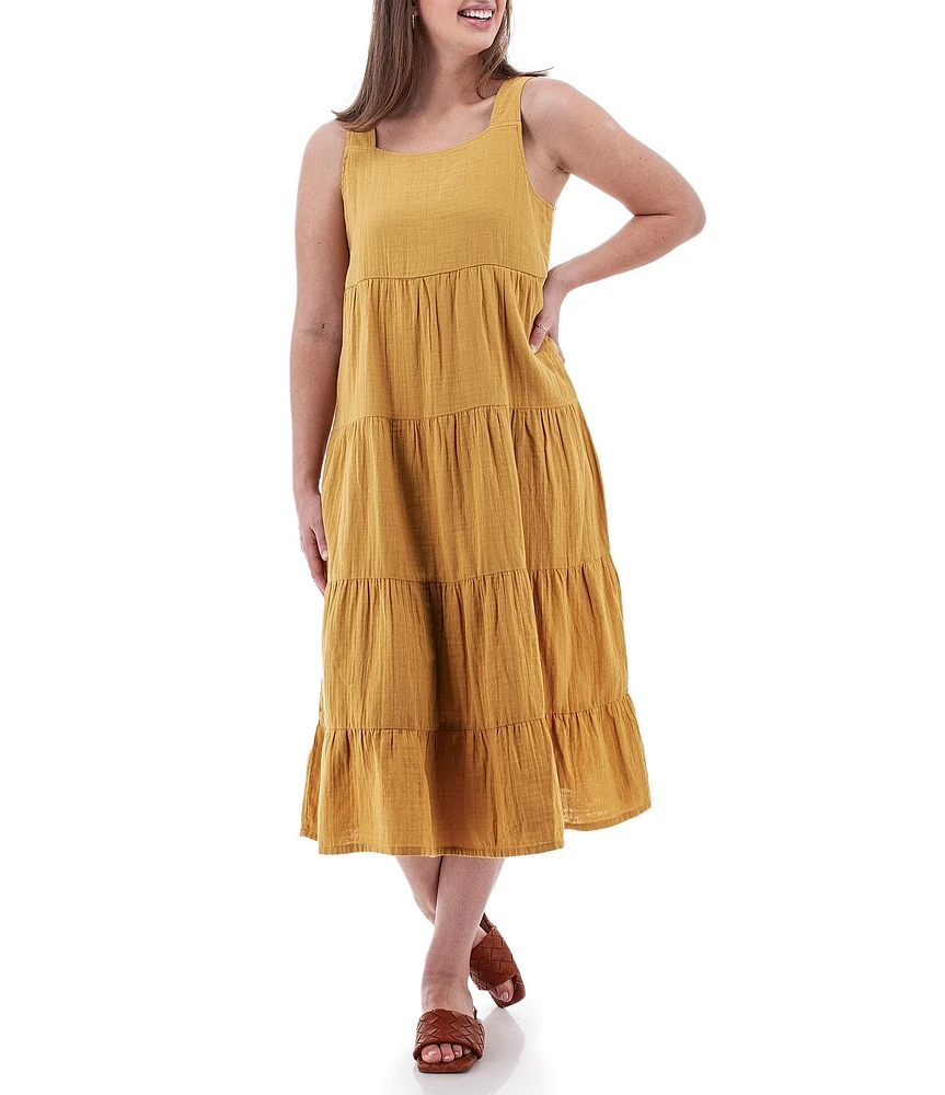 Aventura Kelford Organic Cotton Gauze Woven Square Neck Tiered Midi A-Line Dress