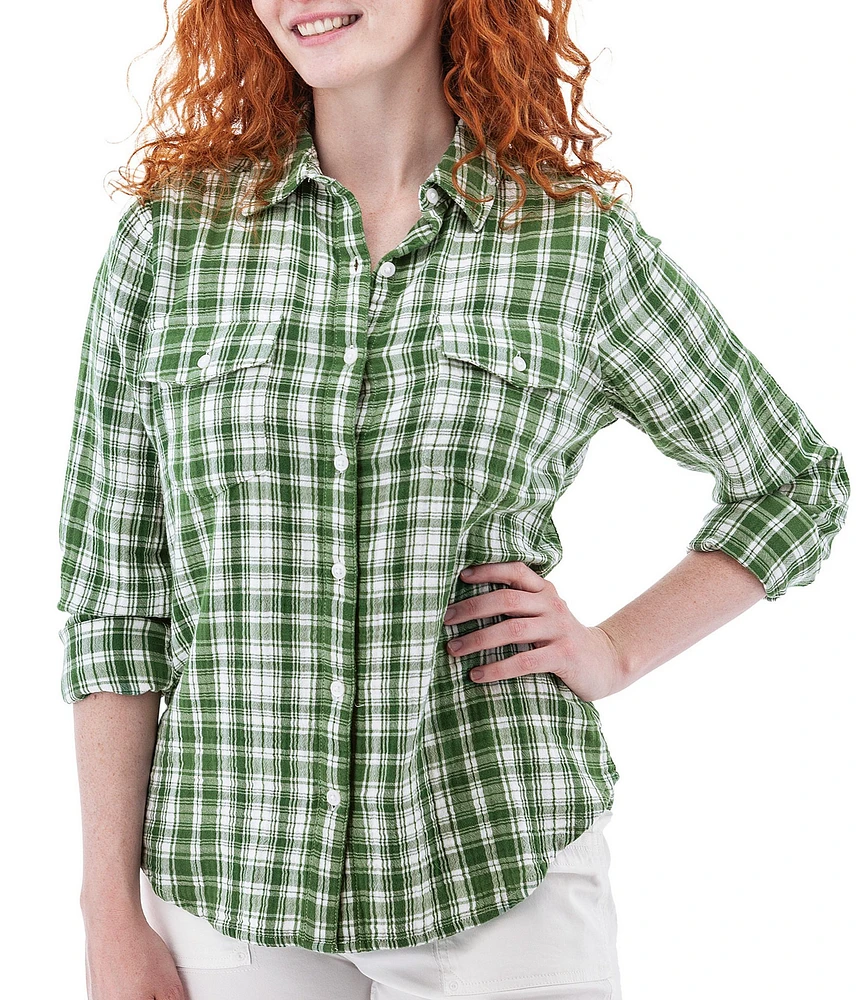 Aventura Montrose Plaid Gauze Collared Neckline 3/4 Roll Tab Sleeve Top