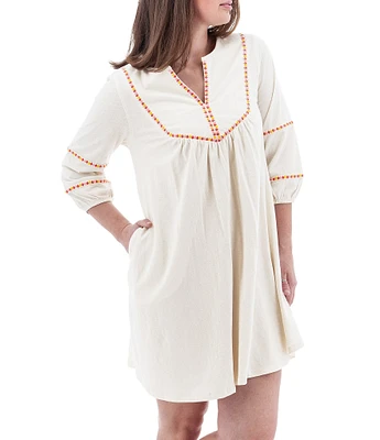 Aventura Natalia Embroidered Organic Cotton Slub Knit Split V-Neck Peasant Dress