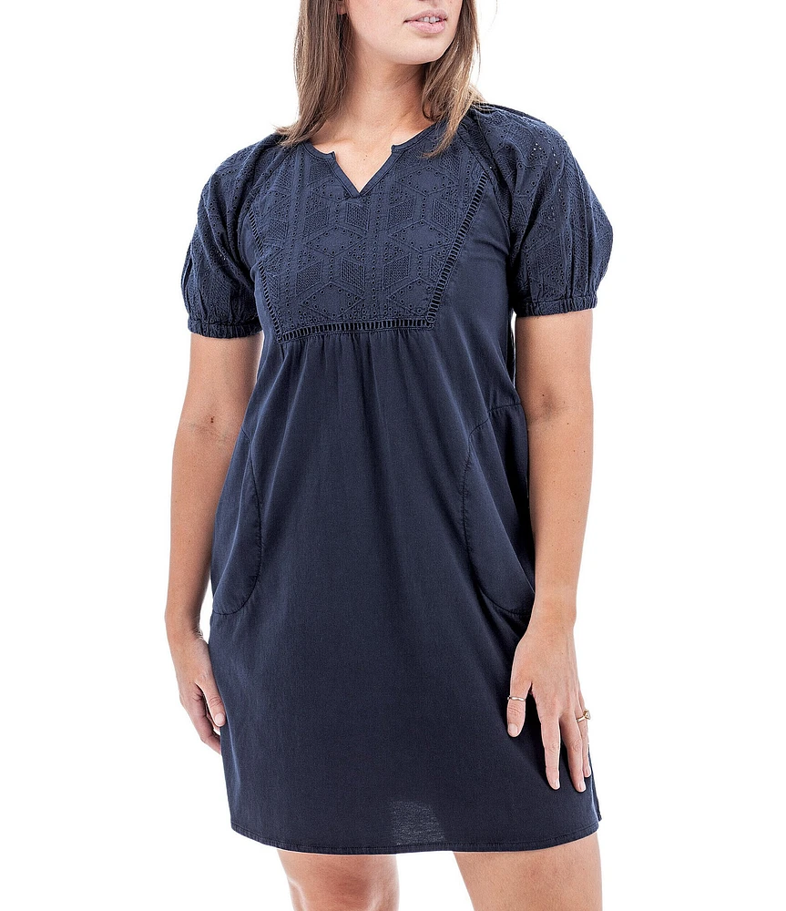 Aventura Shelle Organic Cotton Blend Woven Eyelet Schiffli Embroidered V-Notch Neck Dress