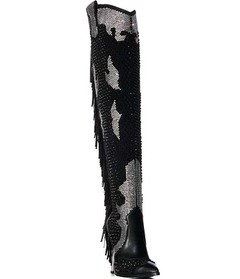 Azalea Wang Crewe Rhinestone Studded Fringe Over The Knee Western Boots