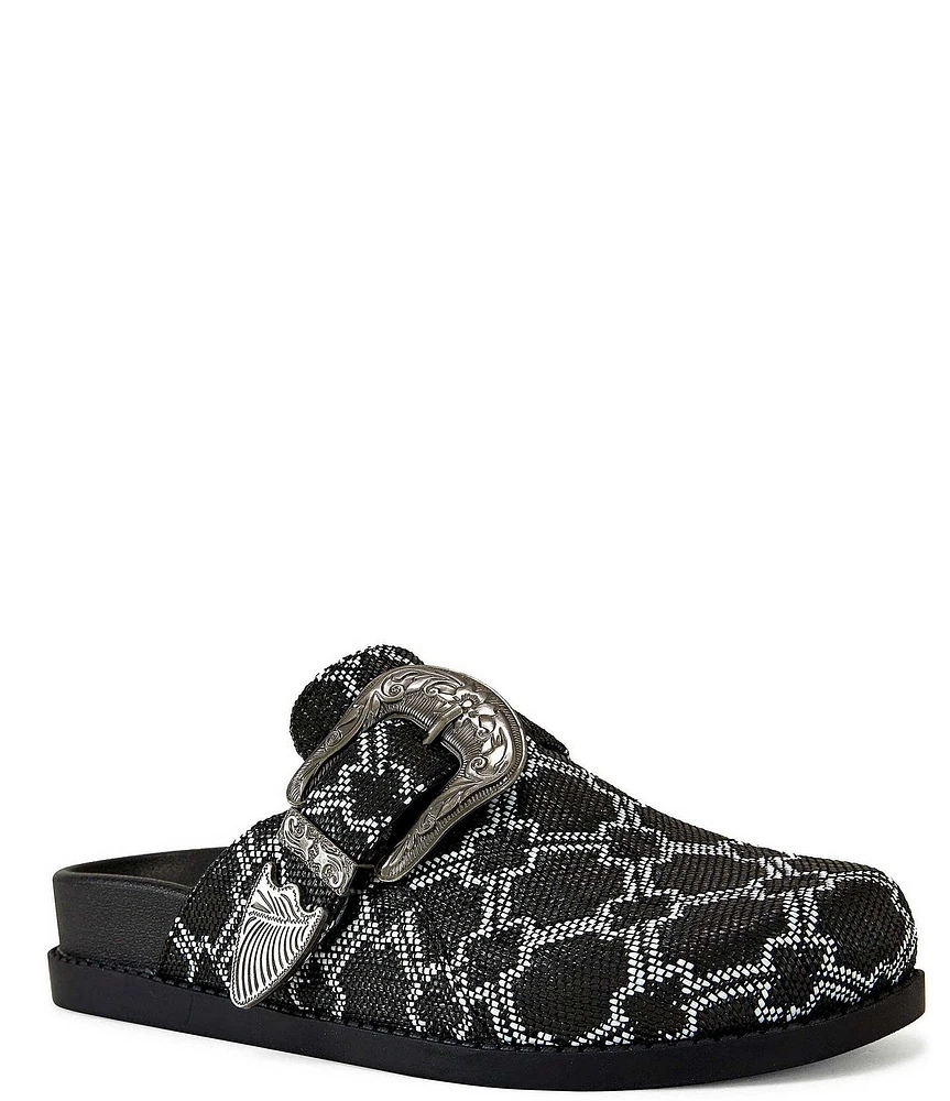 Azalea Wang Informer Textured Snake Print Western Buckle Hardware Mules
